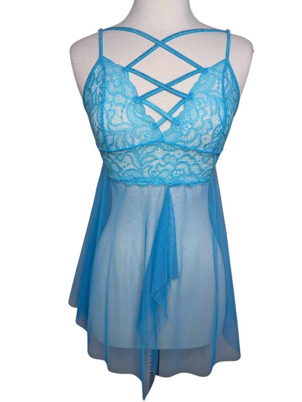 Shirley of Hollywood Blue Sheer Lace Mesh Strappy Front Lingerie Size Medium